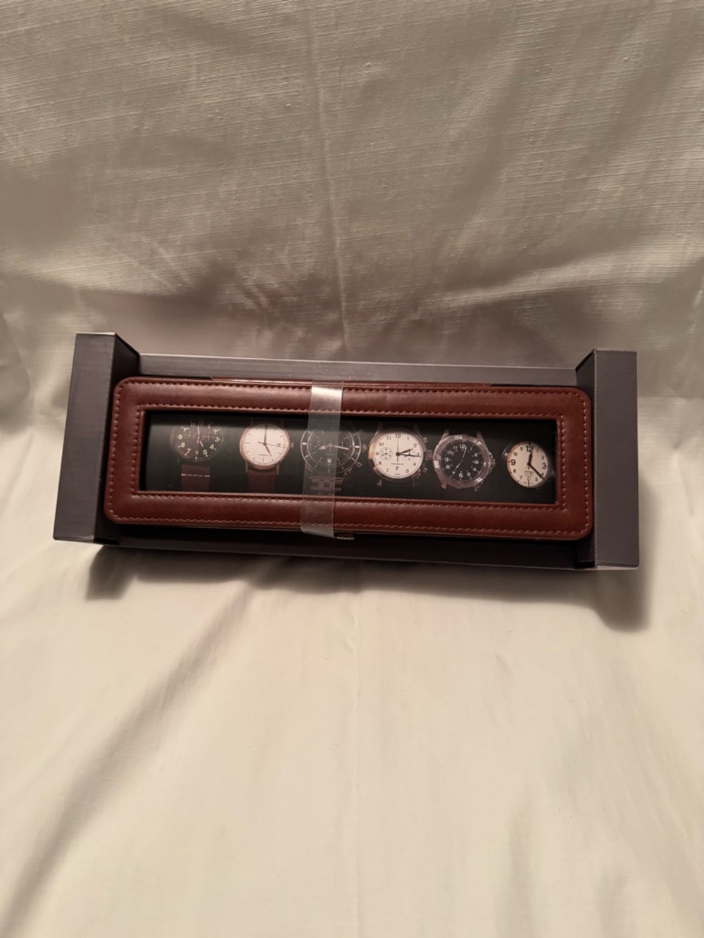 Woodburry 6-Piece Watch Case Rich Brown Faux Leather with Glass Display Lid